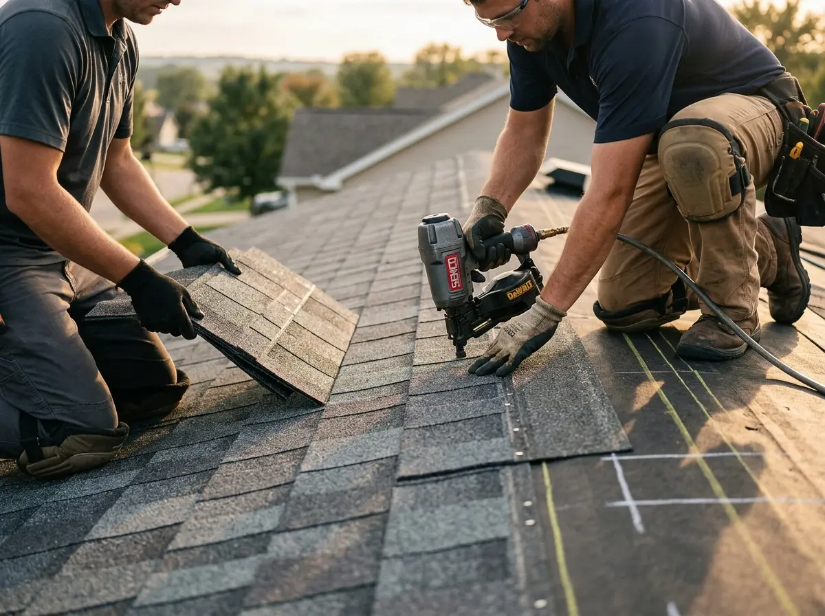 Professional roofer working on a residential roof in Munford